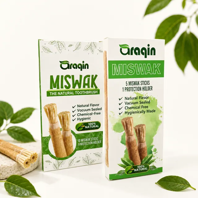 Araqin five-stick and ten-stick miswak cartons standing side by side against a white ground with fresh leaves