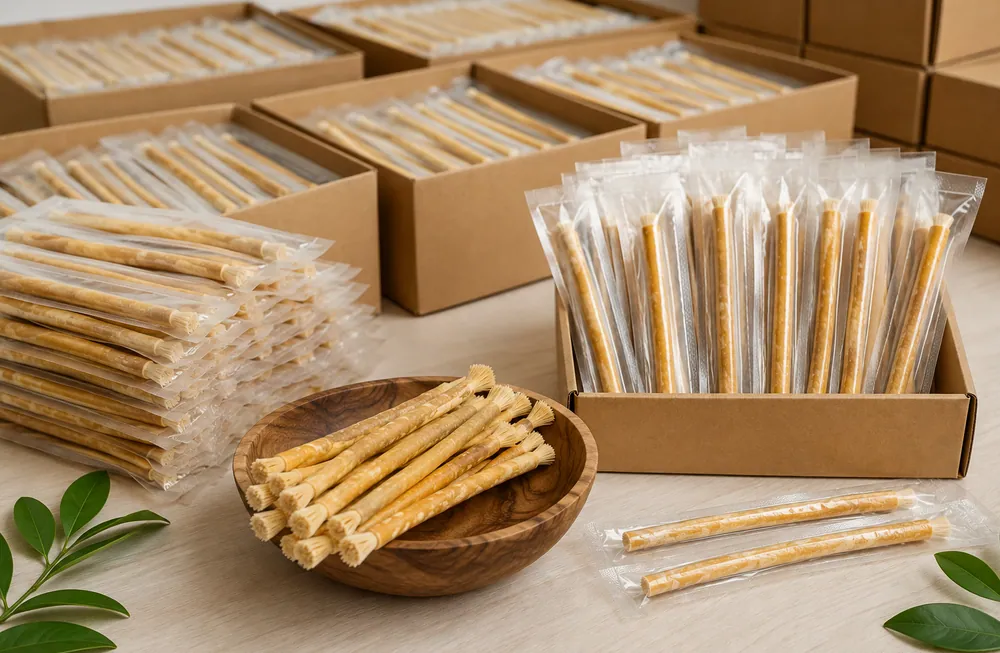 Wholesale quantities of individually sealed miswak sticks, packed into shipping cartons with loose sticks in a wooden bowl alongside