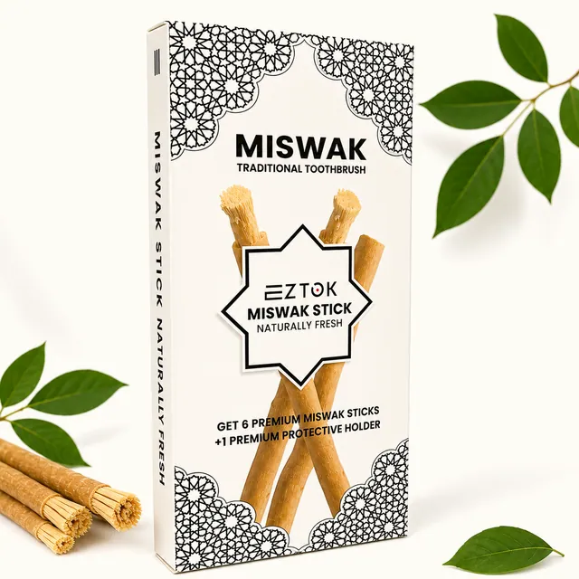 EZTOK miswak carton with a monochrome geometric border, standing beside a bundle of loose miswak sticks on a white ground