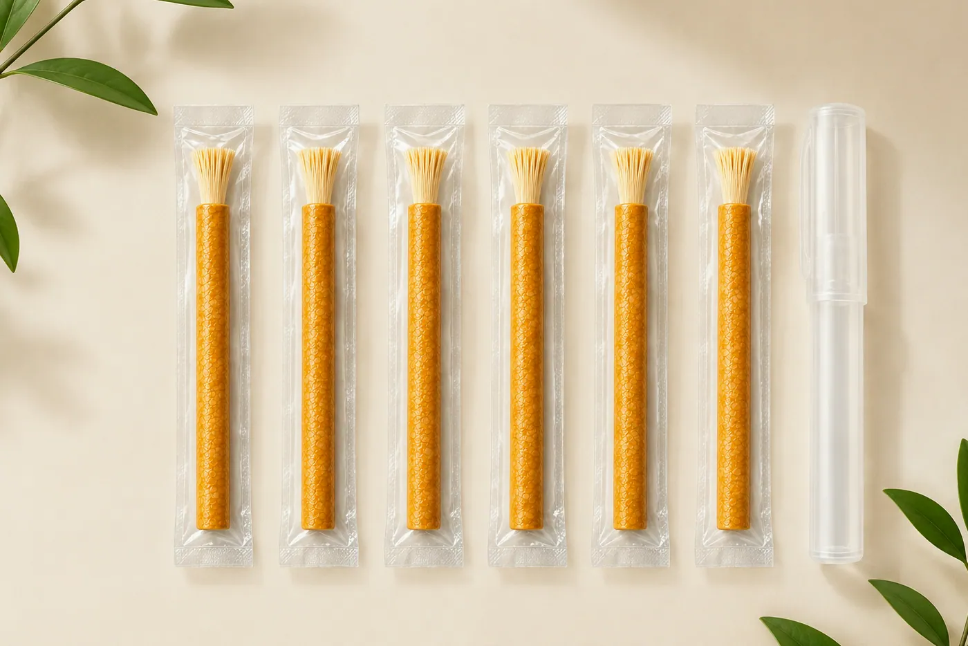 Six individually sealed miswak sticks laid in a row beside a clear protective holder