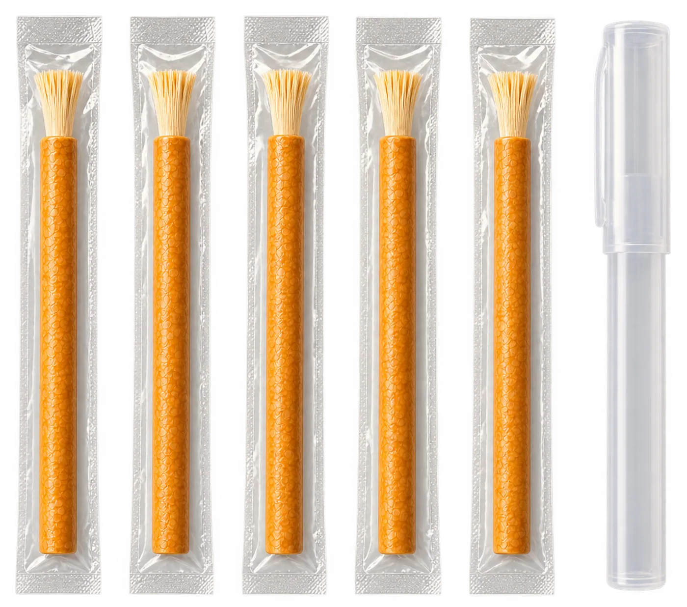 Five vacuum-sealed miswak sticks arranged in a row beside a clear protective holder on a warm ivory ground