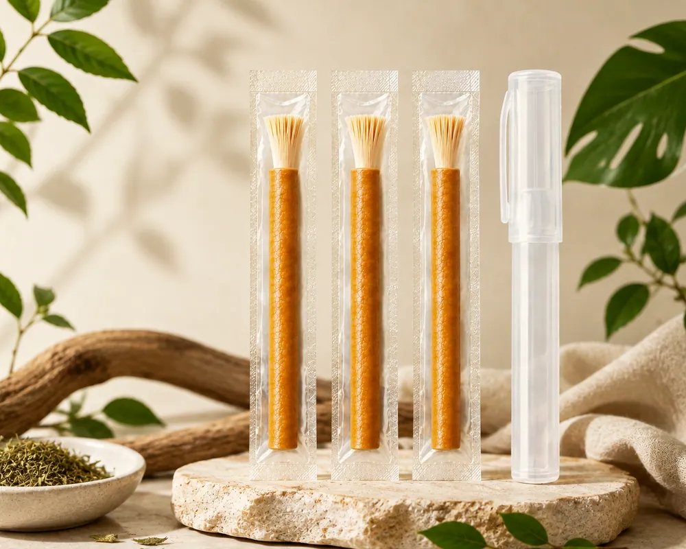 Three individually sealed miswak sticks standing beside a clear protective holder on a stone slab, with foliage behind