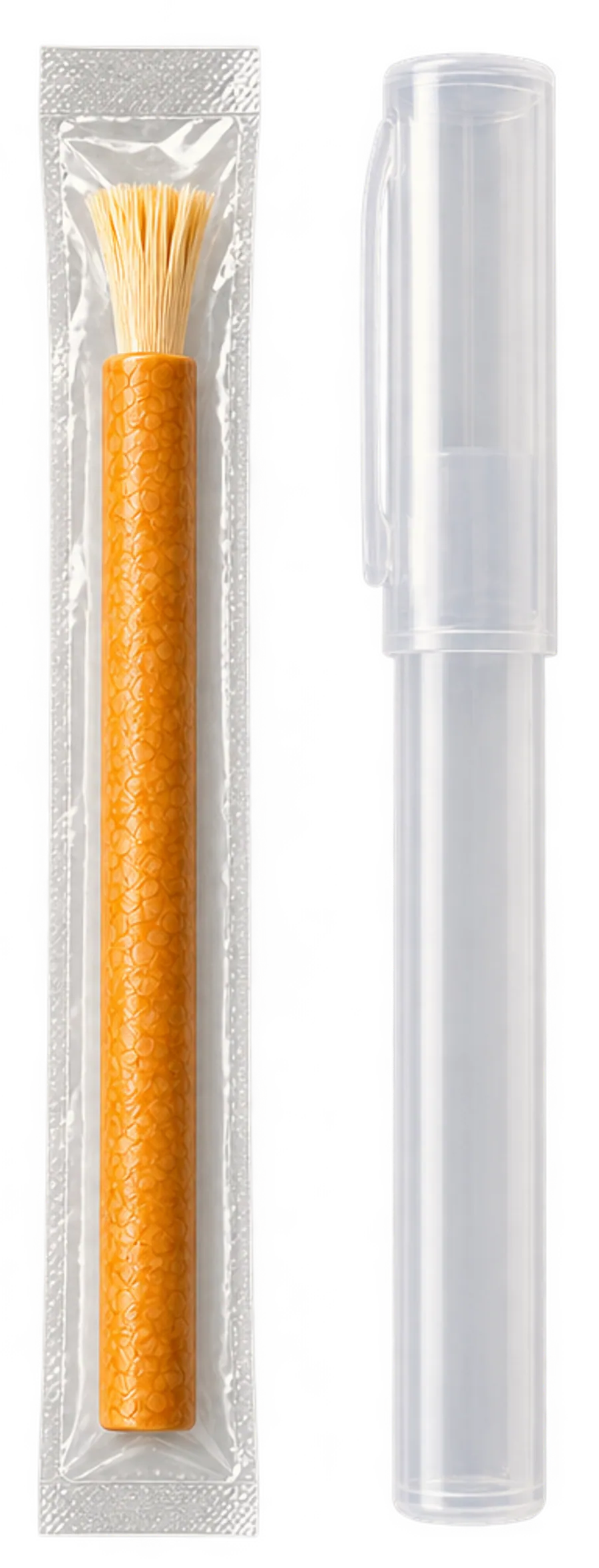 A single vacuum-sealed miswak stick beside its clear protective travel holder
