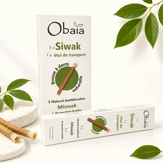 Obaia five-stick siwak carton, French-language pack, photographed upright on a white ground