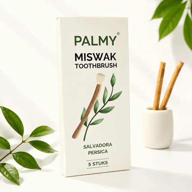 PALMY miswak toothbrush carton naming Salvadora persica, beside a ceramic cup of miswak sticks