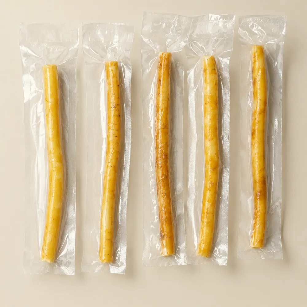Five miswak sticks, each sealed in its own clear sleeve, laid side by side in a row